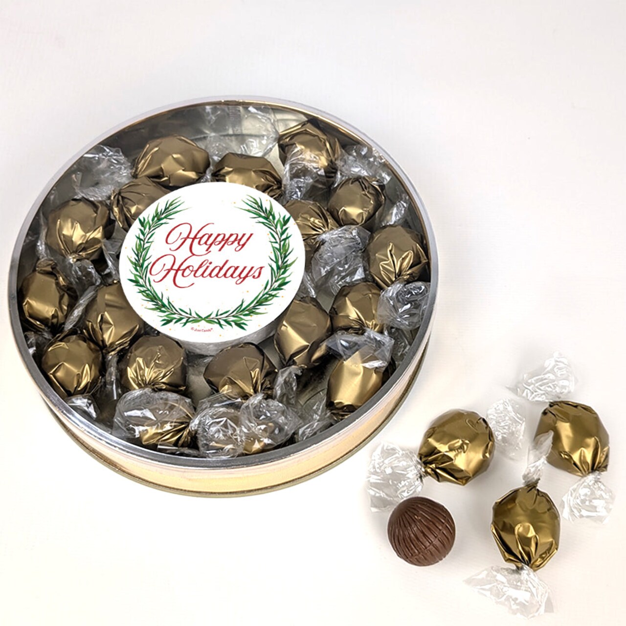Happy Holidays Wreath Gift Tin Filled With Milk Chocolate Dubai Truffle Candies For Christmas Gifting, Holiday Party Giveaways & More (42 Truffles)